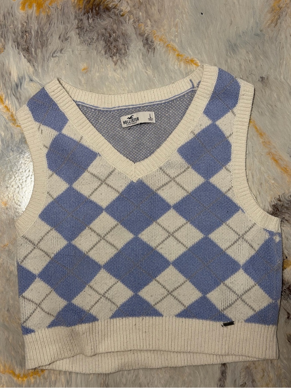 Hollister Blue & Cream Argyle V-Neck Sweater Vest